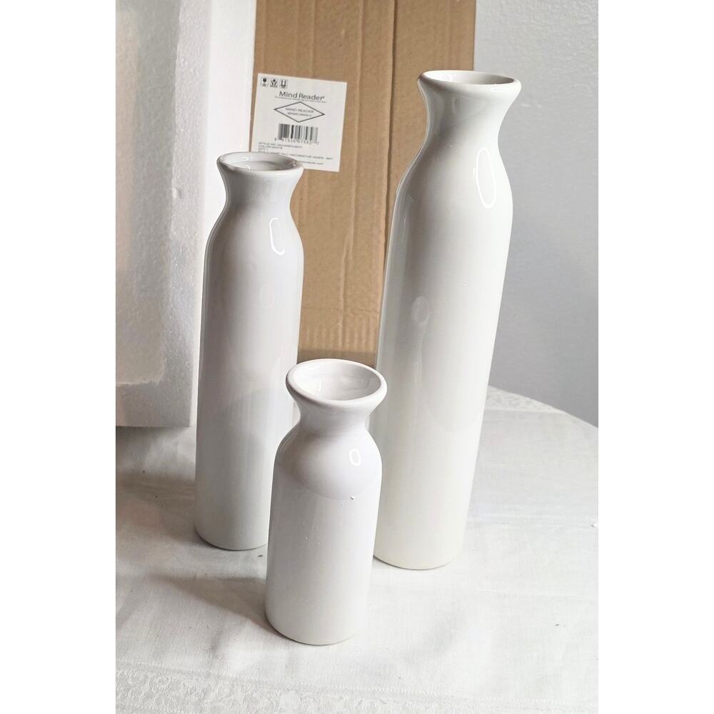 Mind Reader Decorative Vases Set of 3 New in Box White Ceramic 5 1/2", 9", 11"